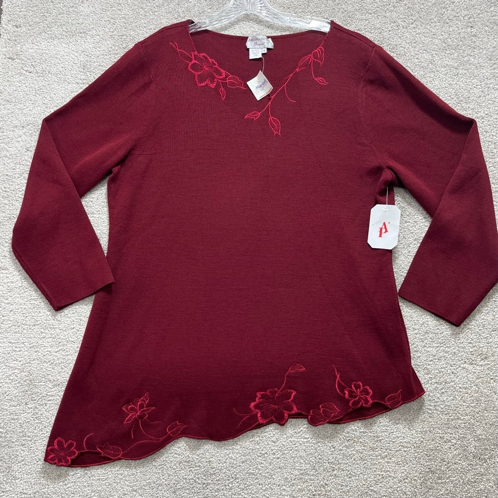 Adrianna Papell Sweater Women's 2X Burgundy Red Wool V-Neck Pullover Embroidered